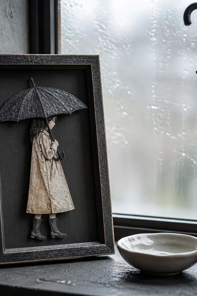 Paper doll under an umbrella with a weathered border frame