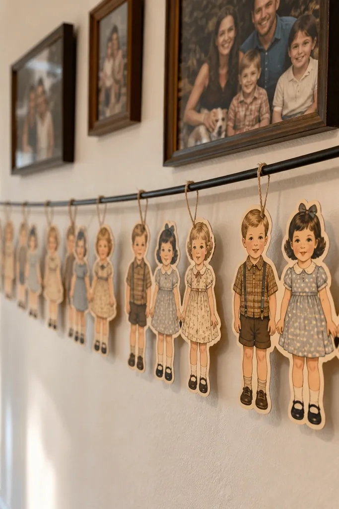 Three small paper dolls on a banner strip with hanging points