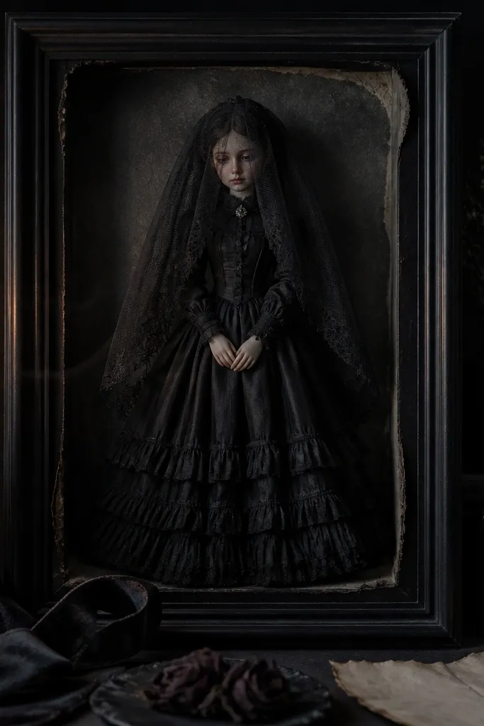 Paper doll in a dark dress with a separate veil piece