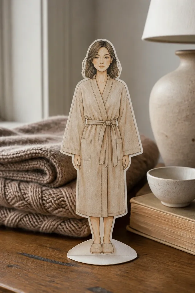 Paper doll in a robe with a separate belt tie layer