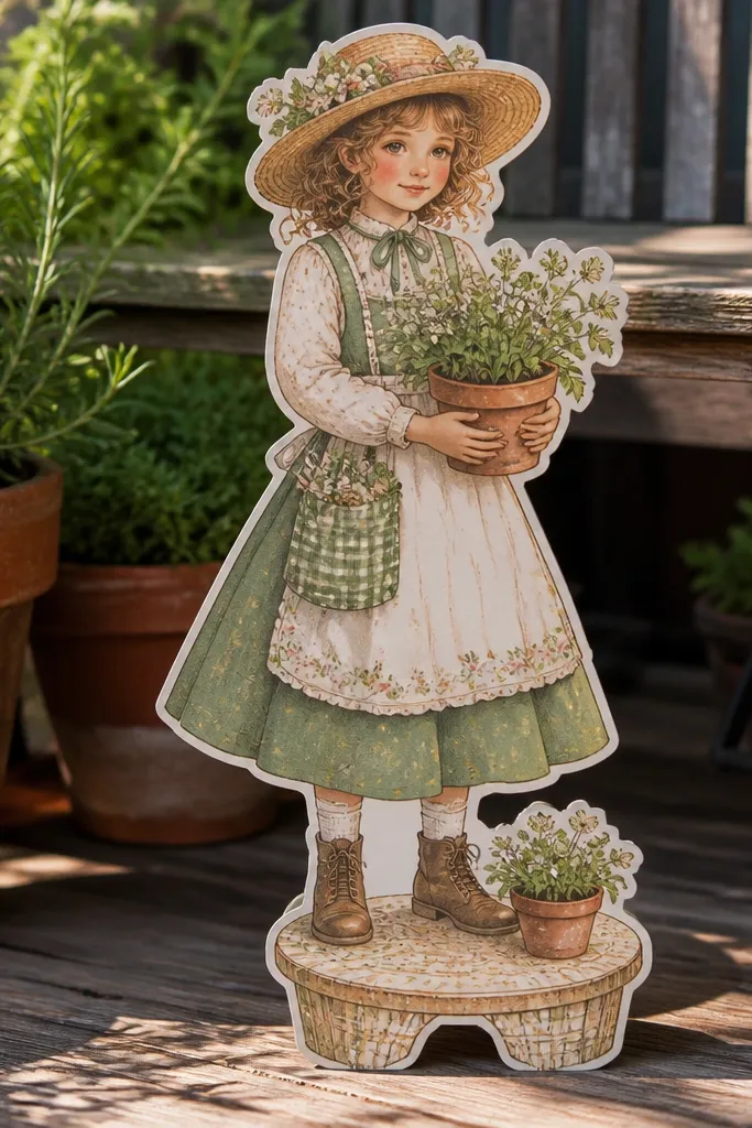 Paper doll next to a flower pot stand with separate layers