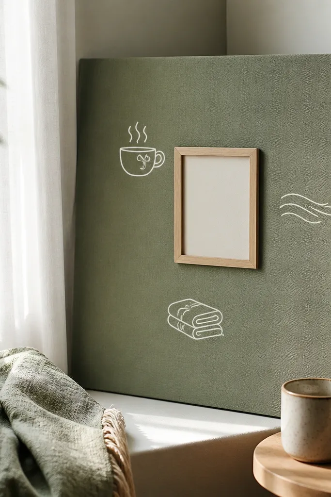 Sage linen fabric corner with a small framed term card and soft white doodle icons
