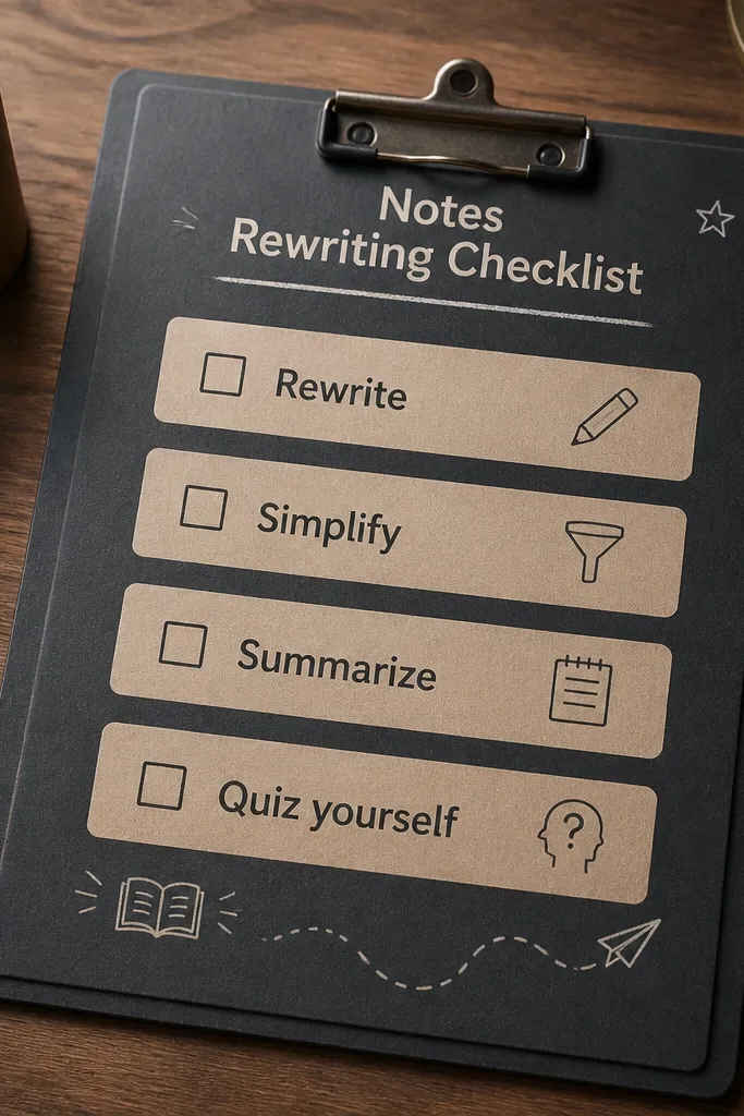 Charcoal paper checklist with four handwritten-style term boxes in warm beige