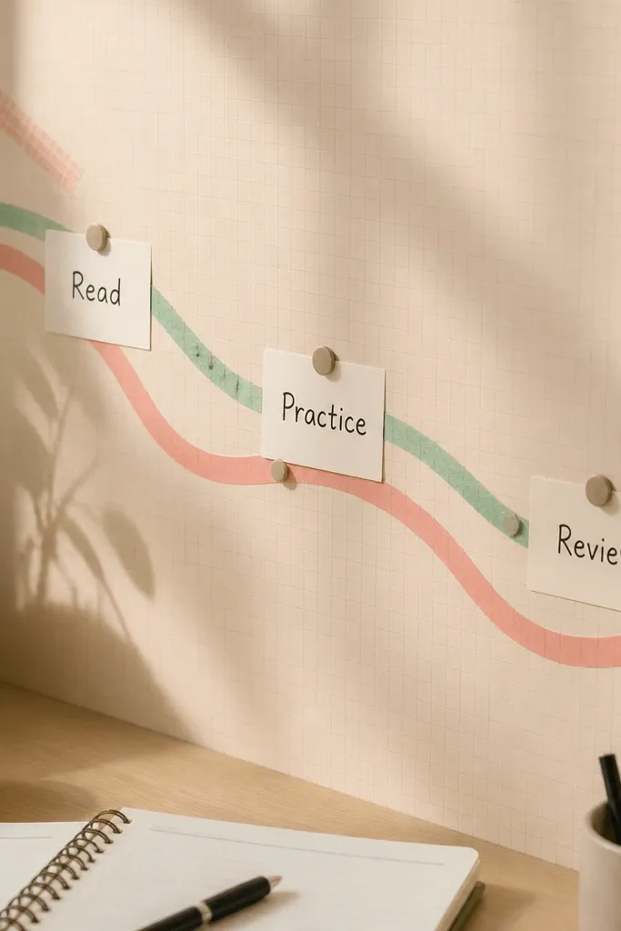 White board with a pastel washi tape path leading to five small term cards