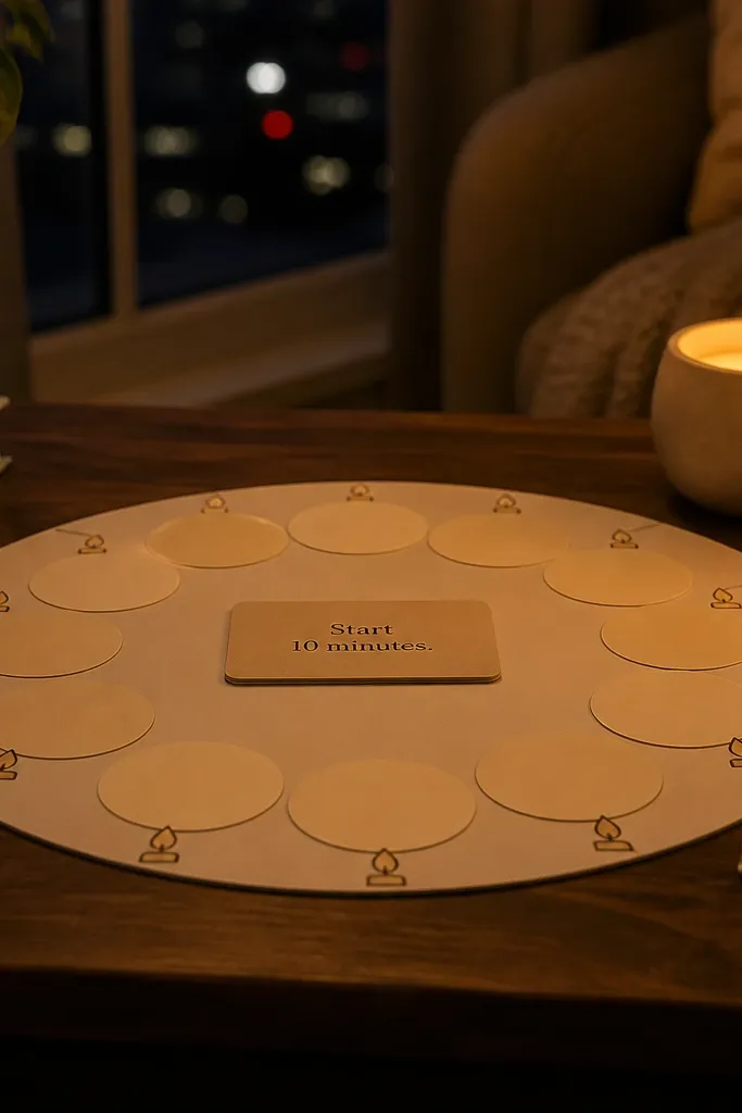 Beige board with a candle icon circle and a term card labeled for a study reset