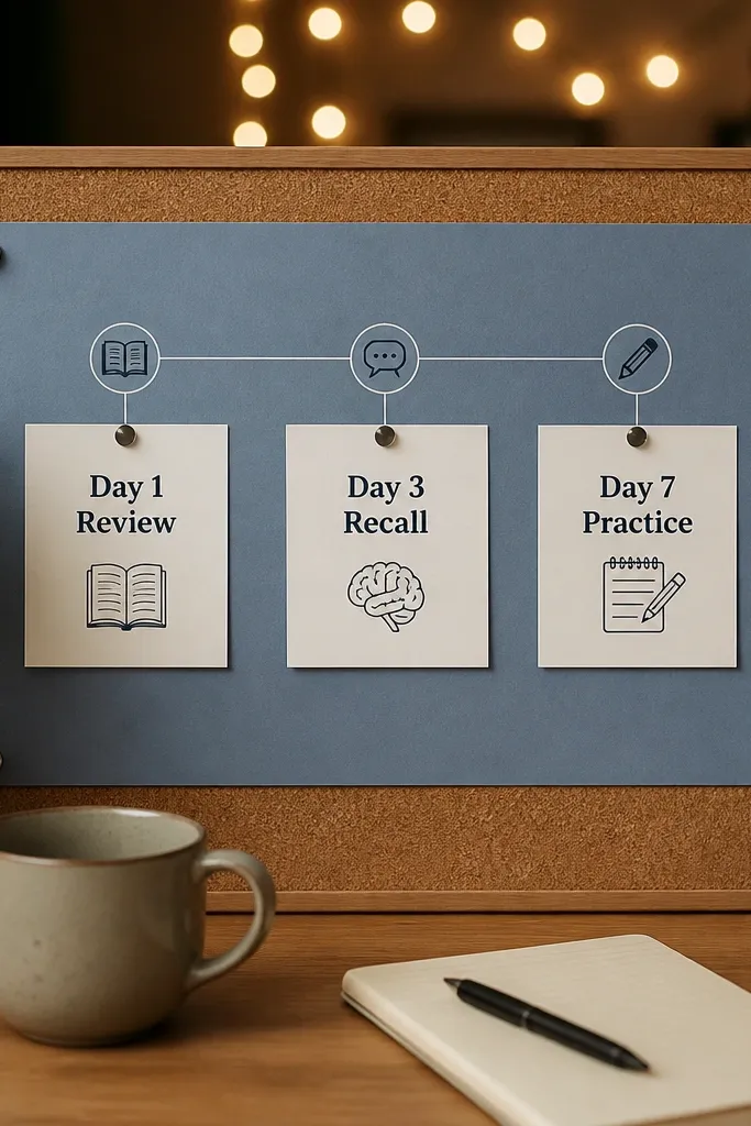 Muted blue timeline line with three spaced term cards and warm white background