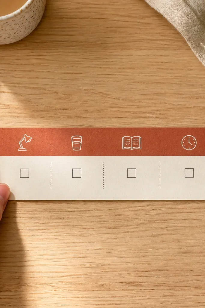 Terracotta strip at the top with a cream checklist and four study term boxes