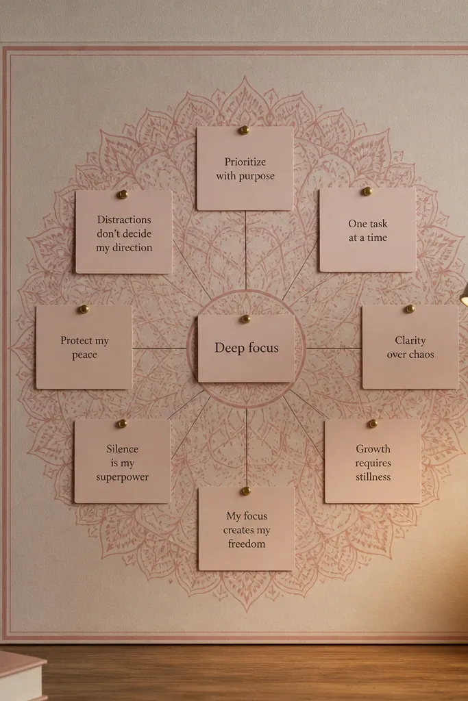 Rose pink mandala rings around a center term card on warm white paper