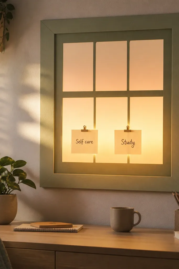 Sage green window frame shape with two term cards and a warm light gradient paper background