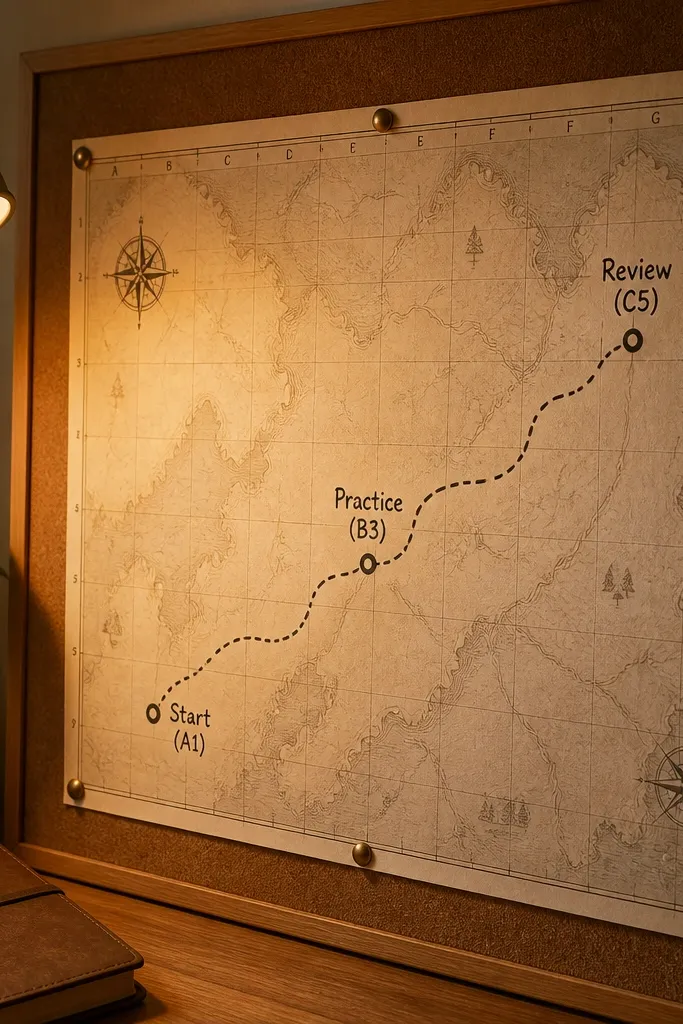 Cream board with a curved route line and three coordinate-style term tags