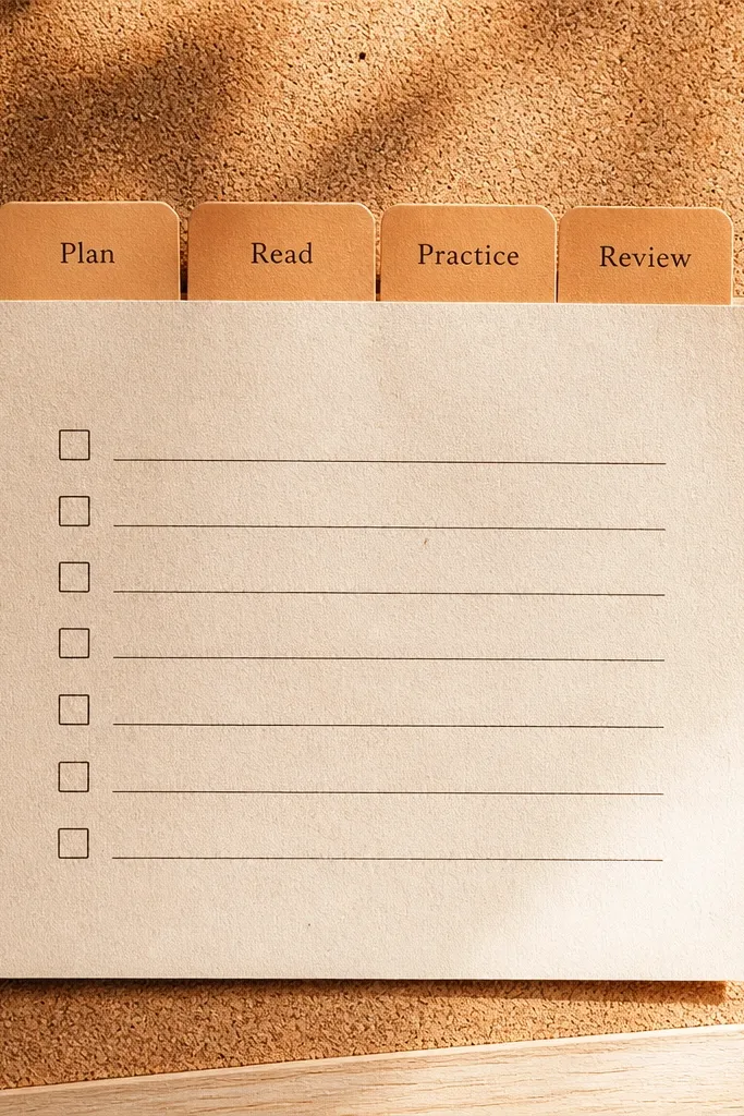 Oatmeal board with caramel tabs holding four study term cards in a neat row