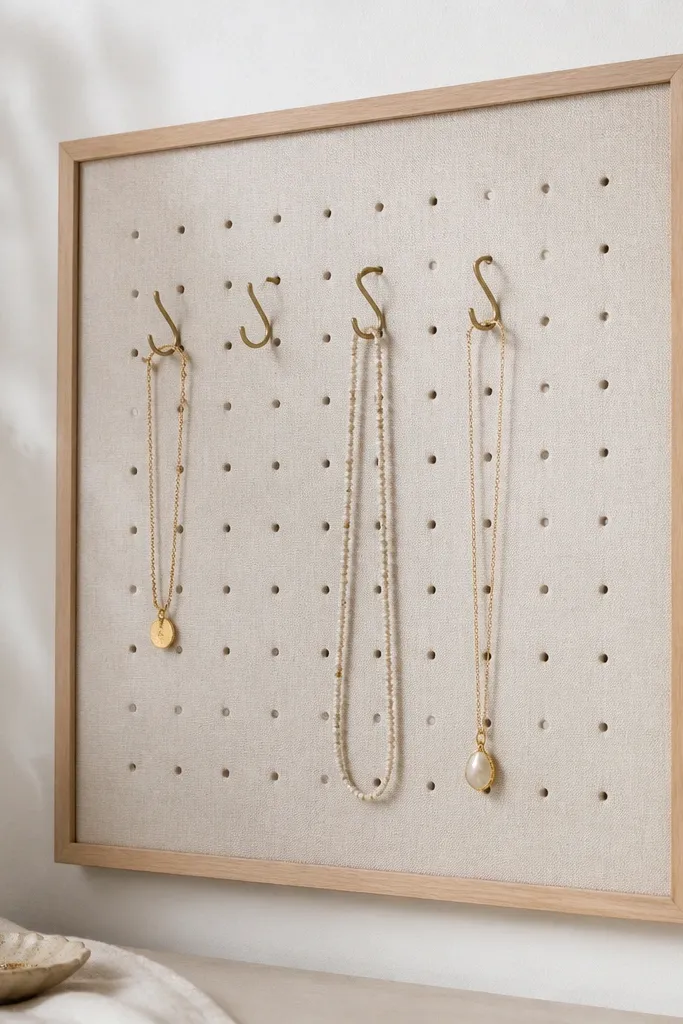 A rectangular wall board wrapped in off-white linen, with a grid of small holes covered by the fabric and several brass S-hooks hanging from the top area. A few necklaces drape over the hooks, and the board has a simple light wood frame.