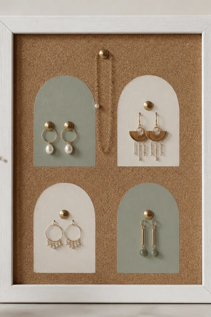 A cork board framed in white wood. Over the cork, four small painted arch shapes in dusty sage and cream mark earring zones, with a few brass push pins holding earrings and a thin chain draped over a top pin.