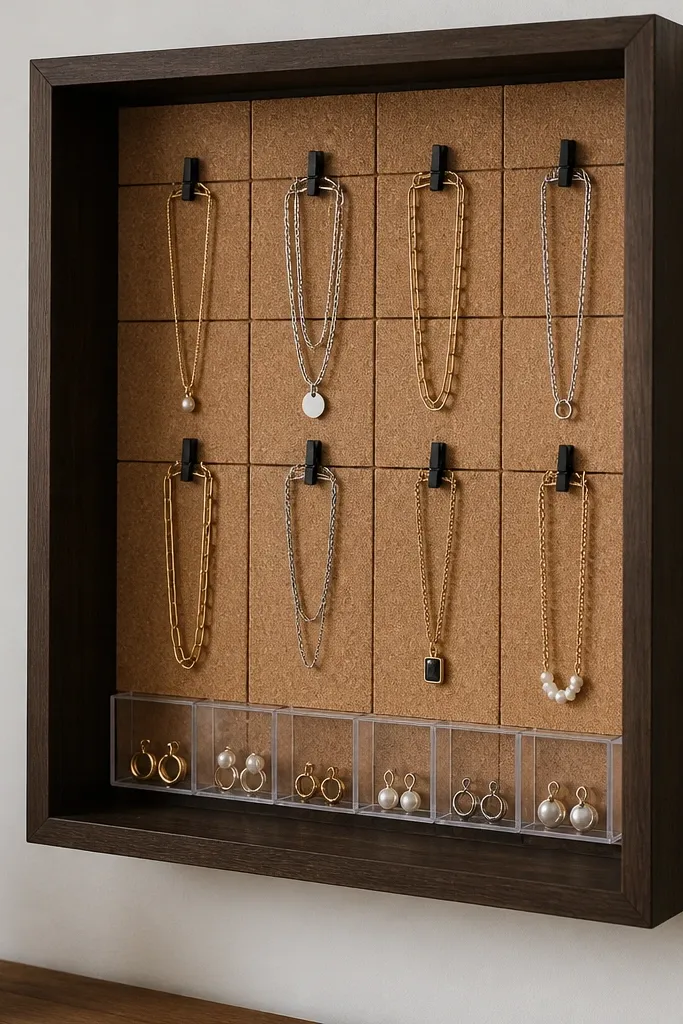 A deep shadow box hung on a wall. Inside, cork tiles form a grid. Tiny black clothespin-style clips hold small chains, and a few earrings rest in clear compartments at the bottom.