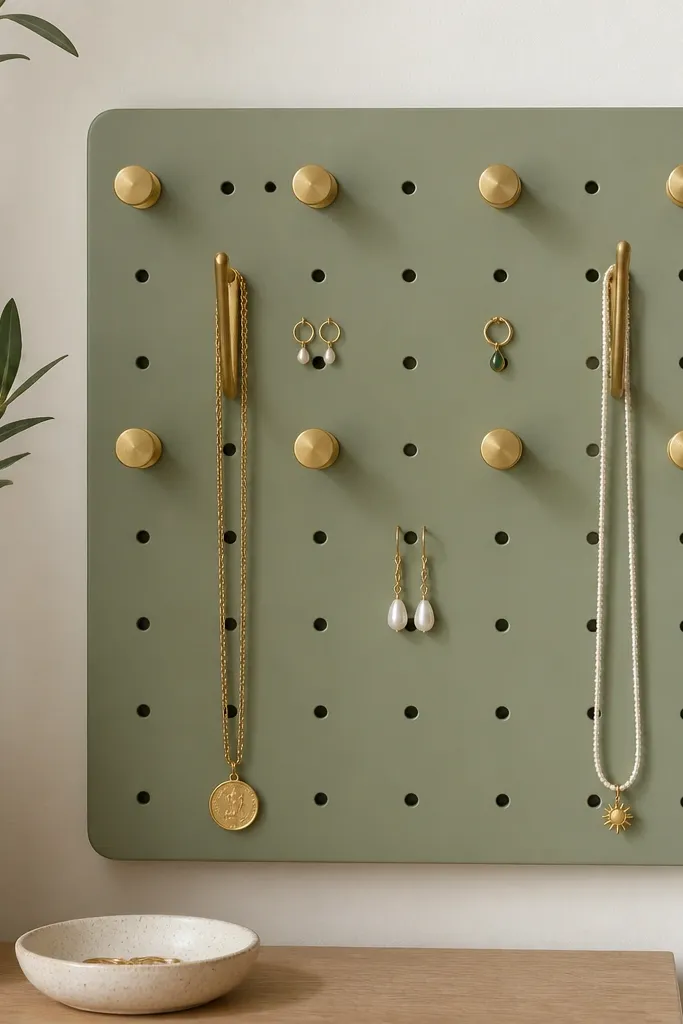A small white pegboard panel painted sage. Thick knob-like hooks in matte brass line the top and middle rows. A few necklaces hang from two longer hooks; earrings are pinned with tiny rings.