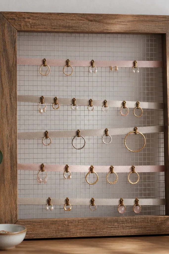 A large wooden picture frame with a taut wire mesh panel inside. Several thin ribbons hang across the mesh, and small rings and earring studs are pinned with tiny clips.