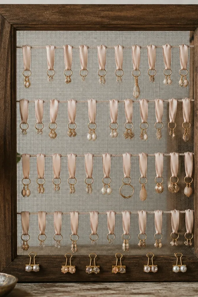 An old-style window screen framed in dark walnut stain. Soft blush satin ribbon loops are tied to the screen in rows, with small gold rings clipped to the loops for earrings. A few studs rest in tiny binder clips on the lower edge.