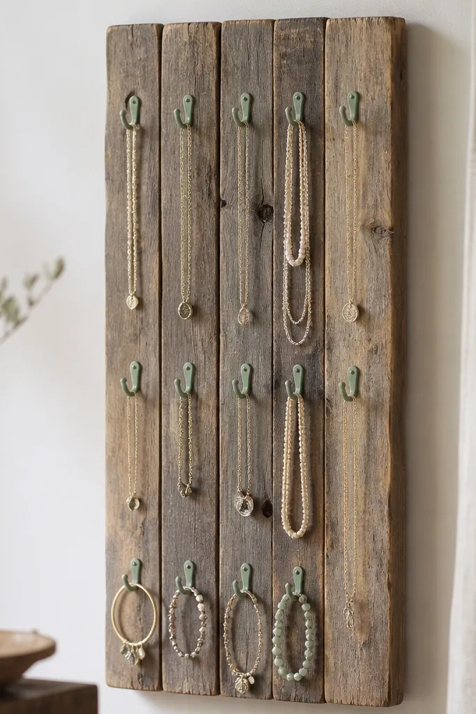 A vertical board made of several narrow reclaimed wood slats. Cup hooks are painted a soft sage green and arranged in rows, with necklaces and a couple bracelets hanging on them.