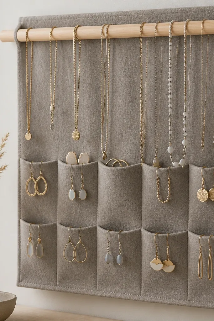 A warm gray felt panel with multiple vertical pockets. A light wood dowel runs across the top, and several necklaces drape over it while earrings sit inside the pockets.