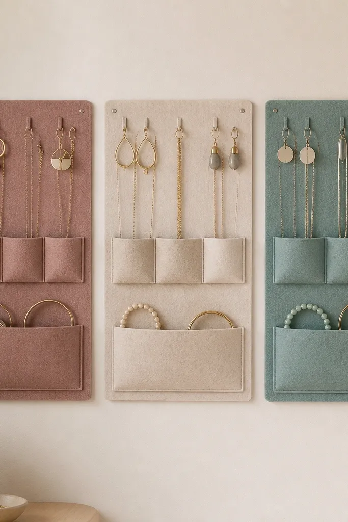 Three felt tiles mounted side-by-side on a cream wall. Each tile has pockets stitched in a different color: dusty rose, oatmeal, and soft teal. Earrings hang from small loops on the top edges; necklaces drape behind the pockets.