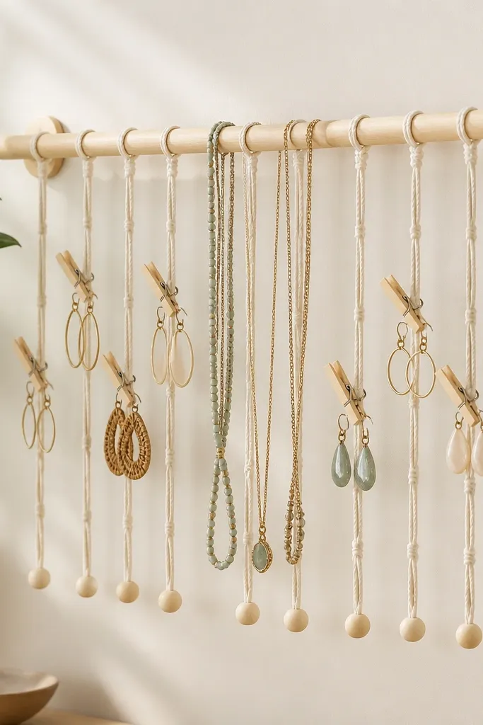 A pale wood dowel mounted horizontally on the wall. Macramé cords hang in vertical strands, each ending with a small wooden bead. Earrings are clipped to the cords with tiny wooden clothespins; necklaces drape over the dowel.