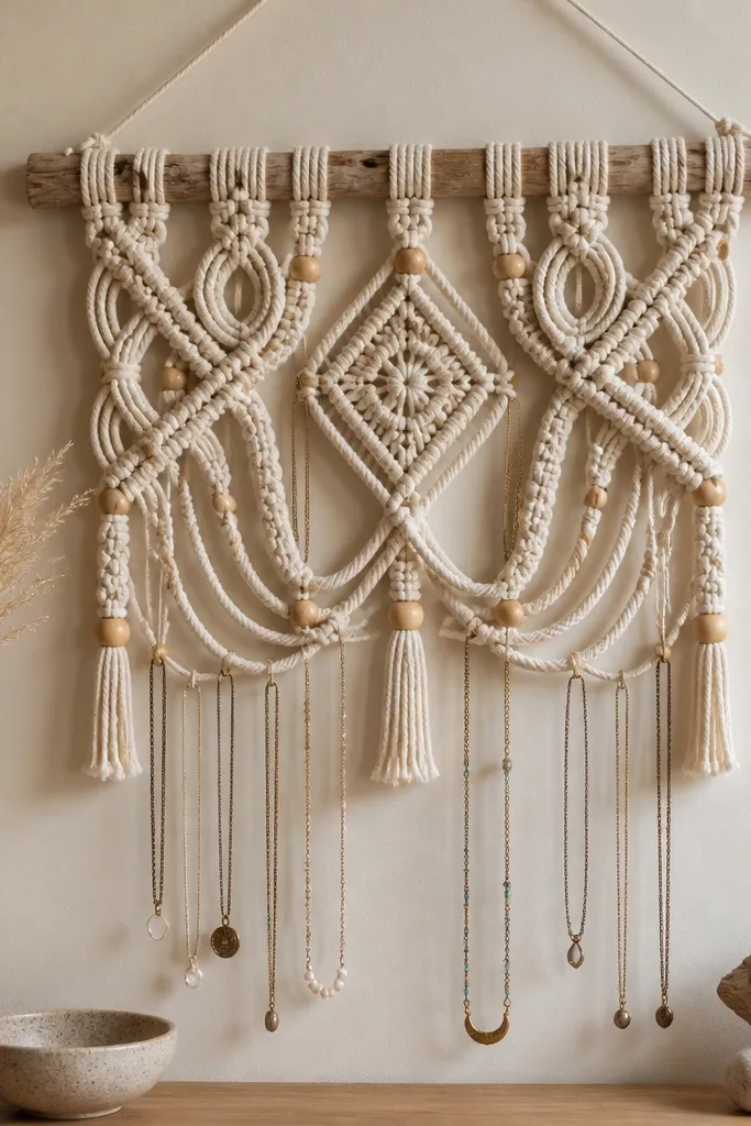 A macramé wall hanger with thick rope knots. Small wooden beads sit along the rope lines, and necklaces hang from the lower rope sections.