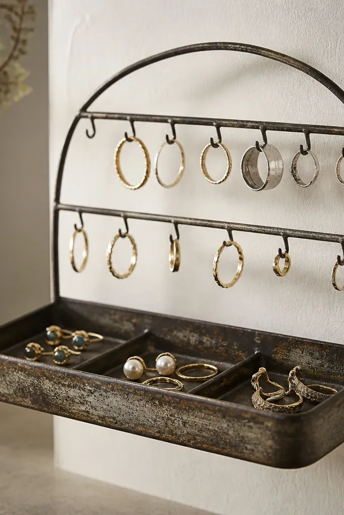 An old metal tray mounted on the wall. A wire ring holder stands behind it, and several rings hang on small loops while earrings sit in shallow tray sections.
