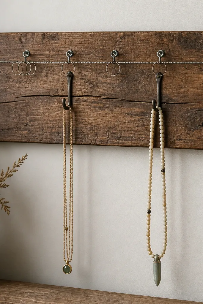 A reclaimed-looking wood plank stained warm brown. Along the top edge, a line of small eye screws holds a thin galvanized wire, with several wire rings clipped along it. Below, two long hooks hold necklaces.