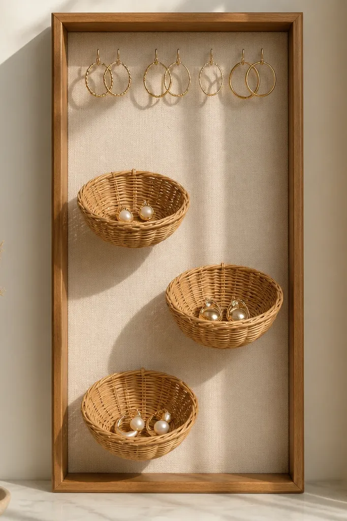 A tall shadowbox frame with a fabric background in cream. Inside, three small rattan baskets hang at different heights, each with a few earrings resting in them. A row of tiny hooks sits along the top inside edge for hoops.