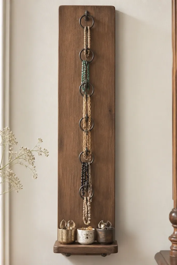 A tall wooden board with a vertical row of shower curtain rings. Necklaces loop through the rings, and a small shelf at the bottom holds earrings in cups.