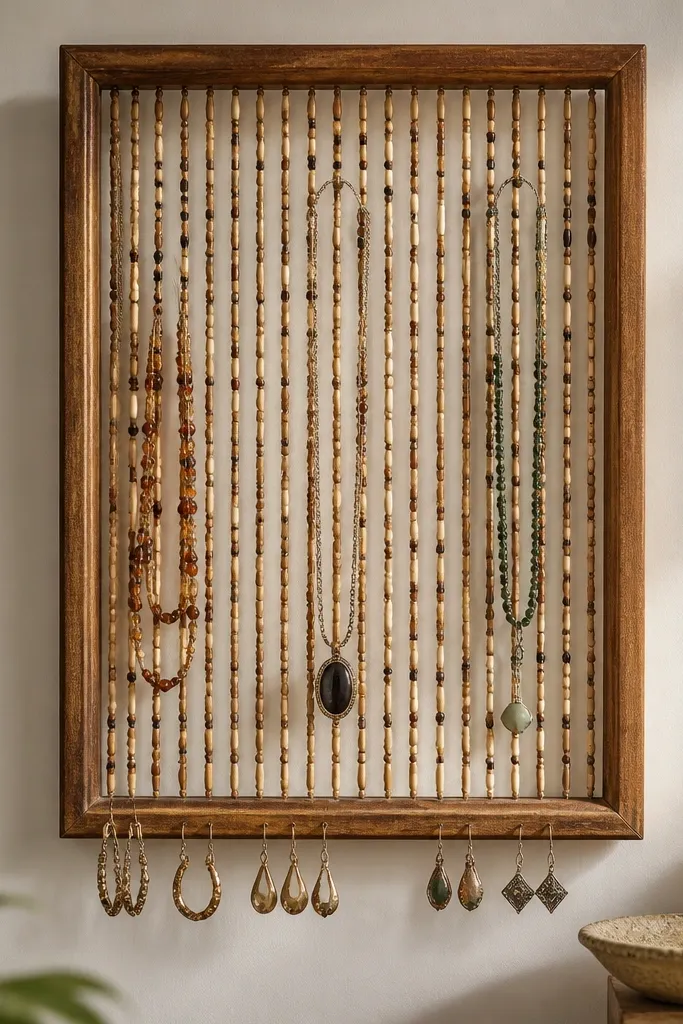 A small beaded curtain panel framed like a wall art piece. Necklaces hang through the bead strands, and a few earrings are clipped to the bottom edge.