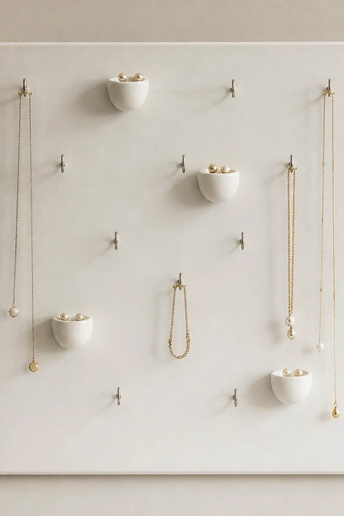 A matte pearl-white board mounted on a wall with several small metal cup hooks attached. Tiny porcelain mini cups are glued below some hooks, holding studs. A few delicate chains hang from the hooks.