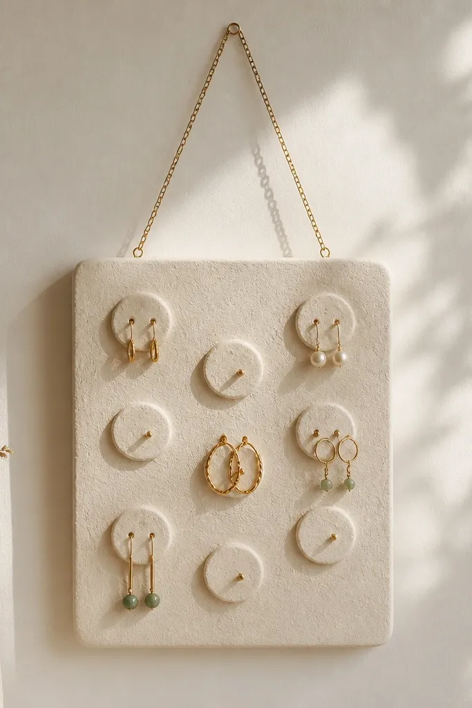 A small wall-mounted panel with a textured air-dry clay surface in warm ivory. Several raised clay circles hold tiny metal pegs for earrings. A thin gold chain hangs from a single loop at the top.