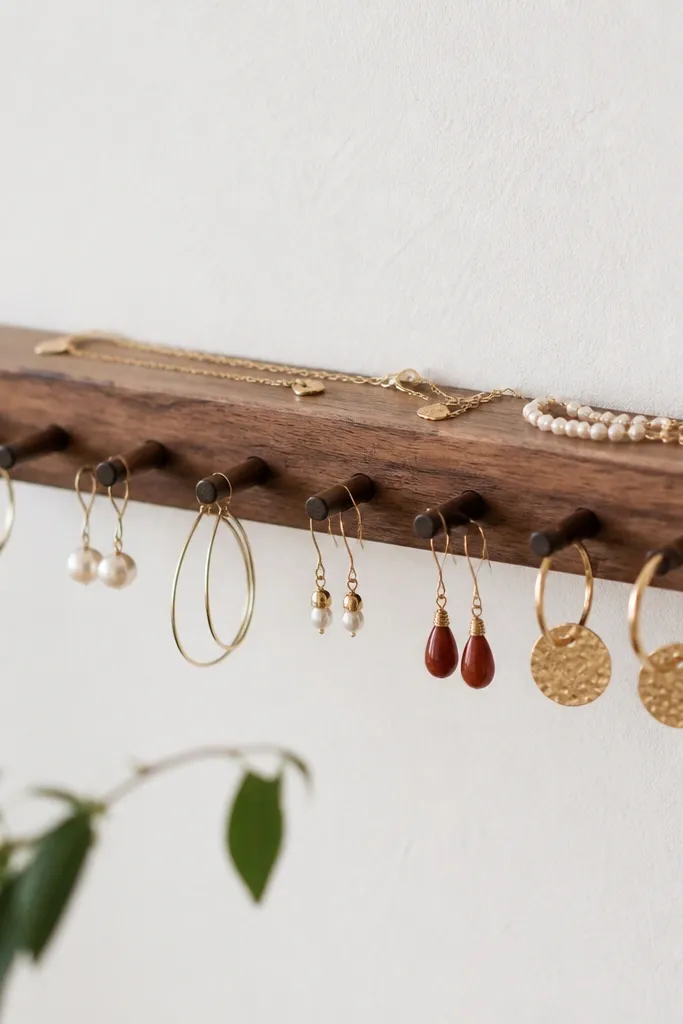 A narrow wooden rack with multiple small pegs, mounted horizontally. Earrings hang from pegs, and a few small necklaces rest on top.