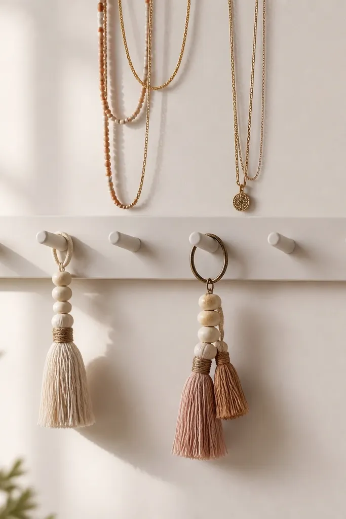 A painted wood peg rail mounted on the wall, with evenly spaced pegs. Tassel charms hang from a couple pegs and necklaces drape above them.