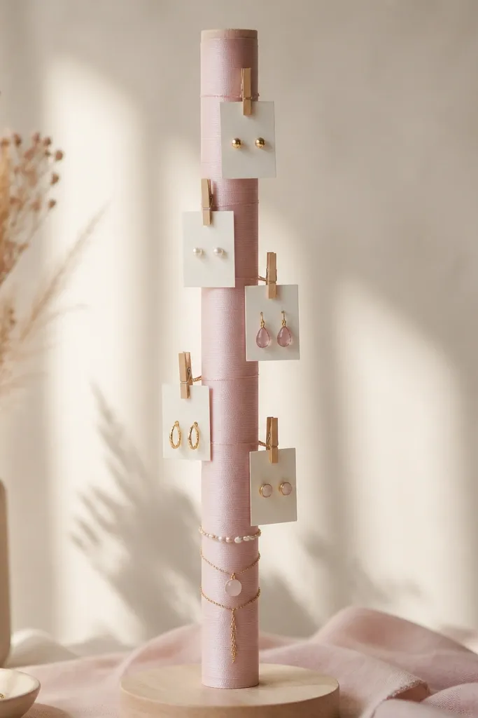 A vertical dowel wrapped in pale pink ribbon. Small earring cards hang from mini clothespins along the ribbon. A few necklaces drape over the lower portion of the dowel.