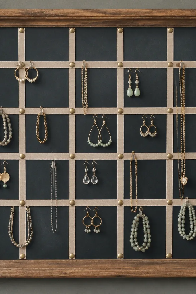 A chalkboard inside a wooden frame. Thin ribbons hang in a grid, pinned with small brass tacks, and jewelry is clipped along the ribbons.