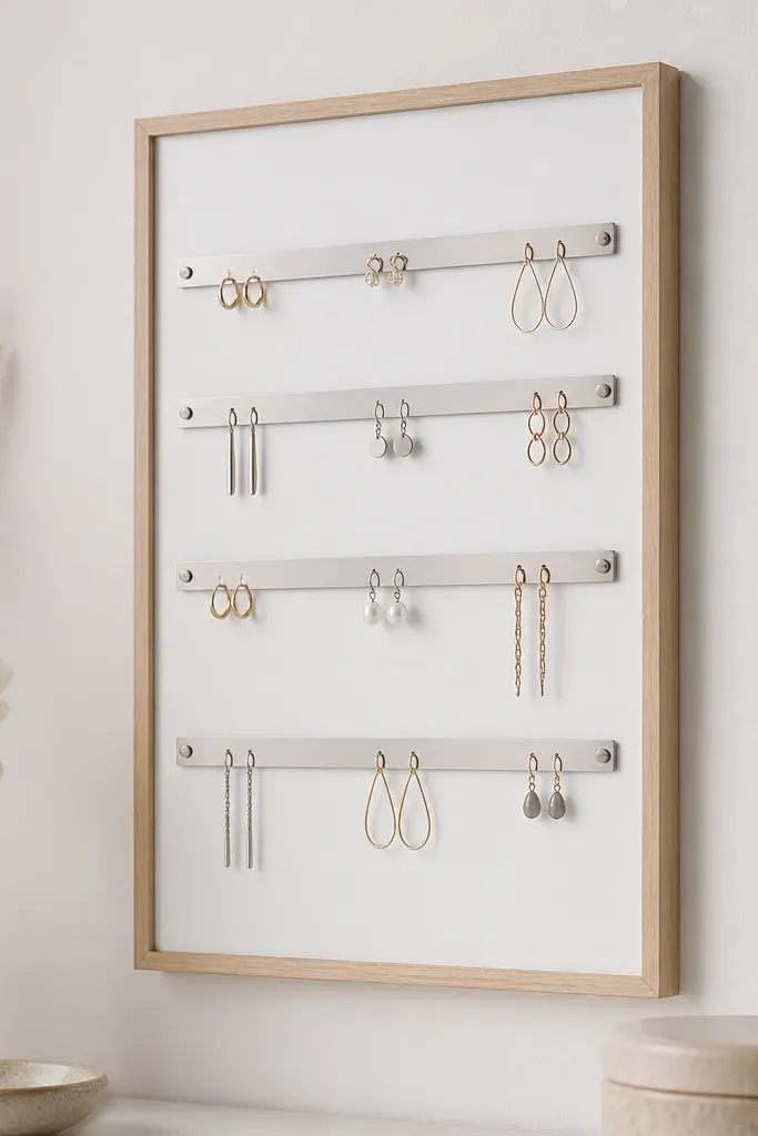 A slim whiteboard mounted on the wall with a subtle light wood frame. Magnetic strips run horizontally, holding small metal earring bars. A handwritten label in black marker sits under the strips.
