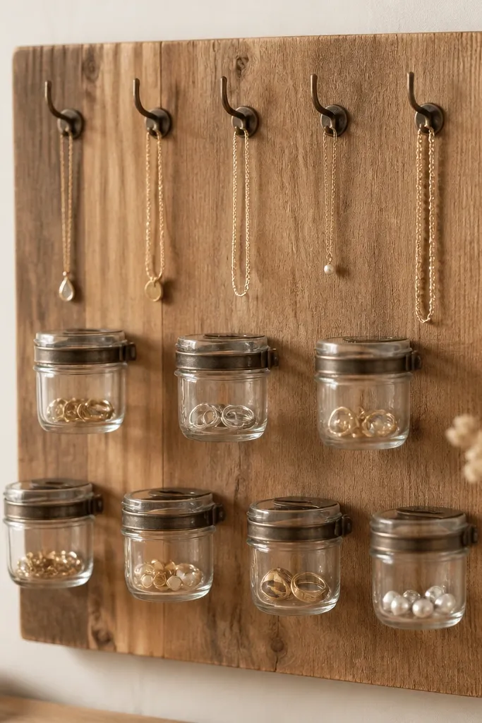 A wooden board with several small glass jars mounted like wall pockets. Rings and studs sit inside the jars, and a few hooks above hold necklaces.