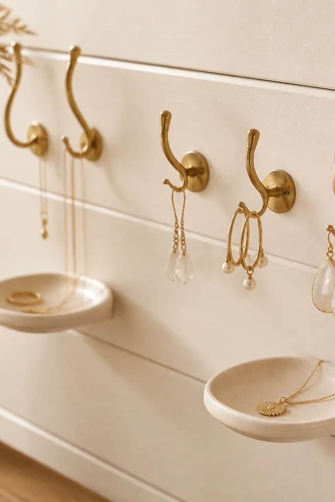 A shiplap-style panel painted warm cream with a slightly textured finish. Brass hooks line one side, and small round mini trays sit under two hook clusters. Earrings hang neatly, and a pendant rests on a tray.