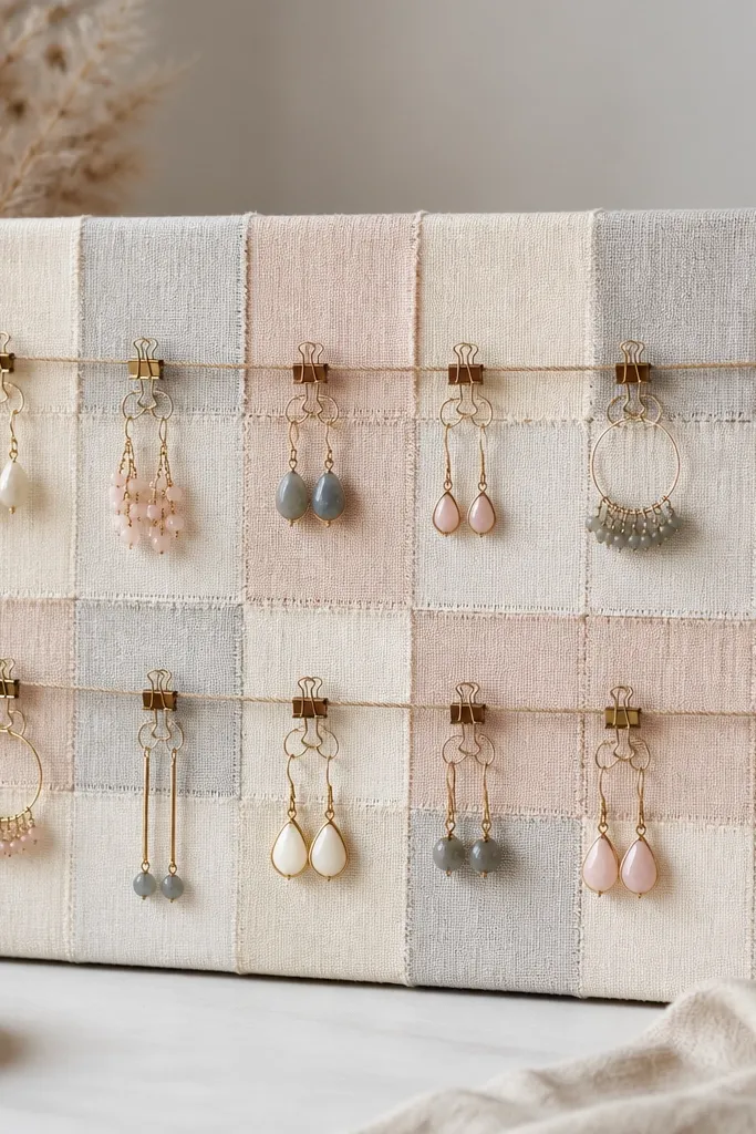 A horizontal patchwork banner made of small fabric squares in cream, blush, and light gray. The banner is stretched over a frame. Ring clips and small binder clips attach to a line of thin cord, holding earrings by their hooks.