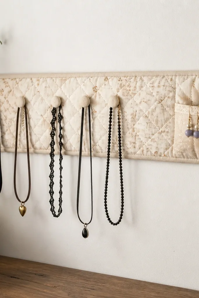 A quilted fabric strip mounted on the wall with small button hooks. Several chokers hang on the hooks, and earrings are tucked into a stitched pocket at one end.