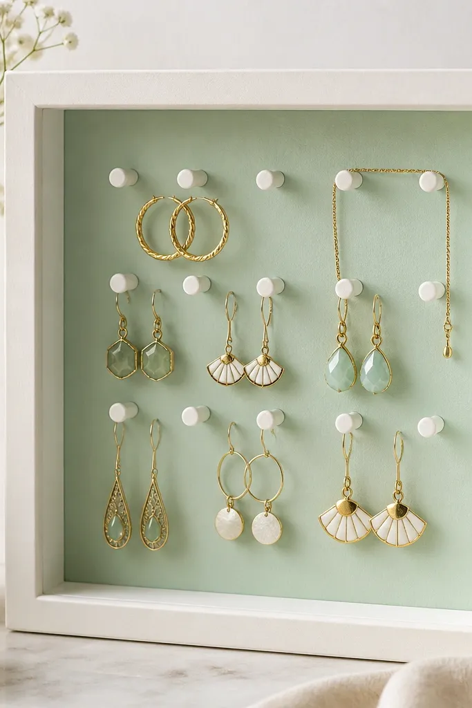A small square shadowbox with a pastel mint back. Inside, a neat grid of small pegs is mounted in white. Earrings hang from the pegs; a thin bracelet drapes over a top peg.