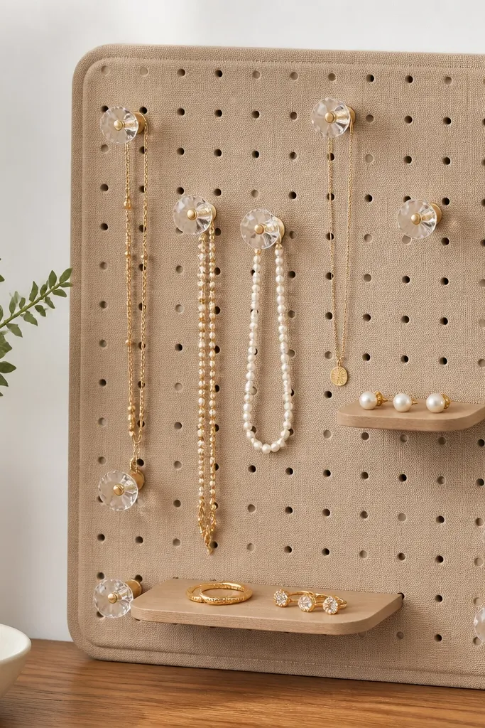 A pegboard organizer with edges wrapped in tan fabric and several clear acrylic bead pulls attached to pegs. Necklaces hang from the bead pulls, and a few earrings sit on small trays.