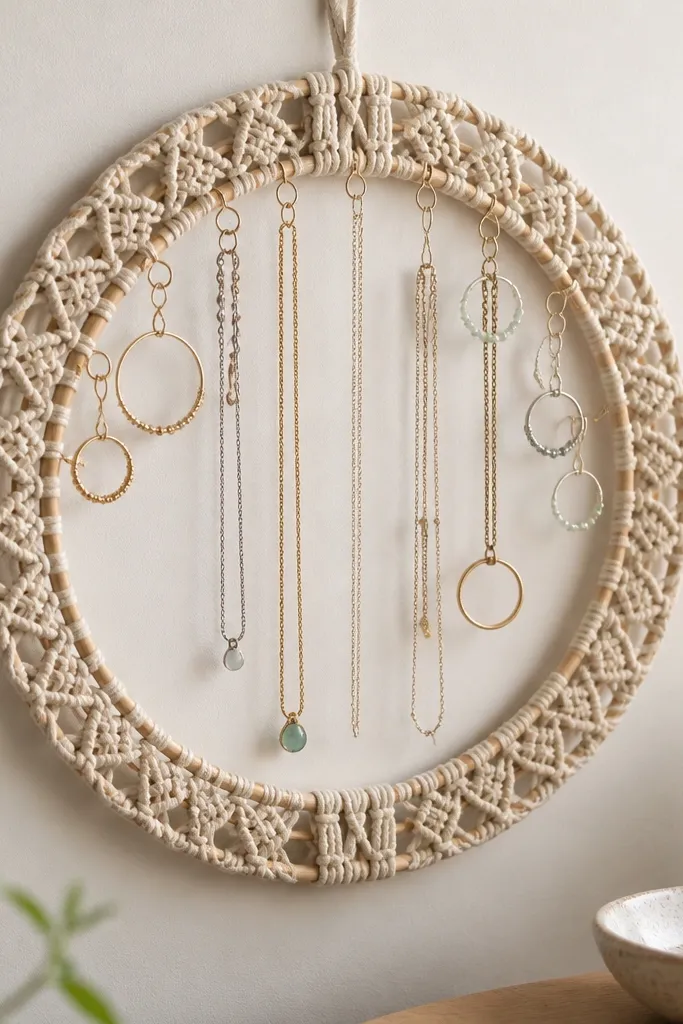 A circular macramé wreath hung on the wall with small hoop hooks around the perimeter. Rings and short necklaces hang from the hooks inside the circle.