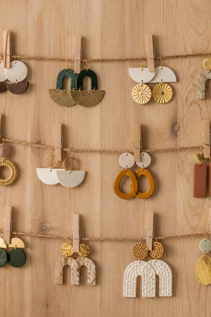 A natural wood board with three horizontal lines of twine. Several clothespins clip onto the twine, holding statement earrings. Some earrings rest against the pins rather than hanging.