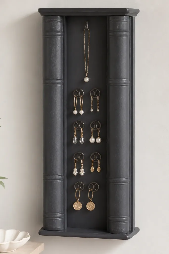 A tall vertical panel painted charcoal with two faux book spines. Between the spines, small rotating metal ring holders hold earrings. A single necklace hangs from a hook at the top.