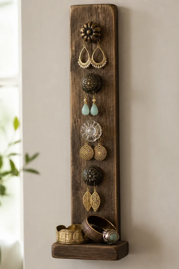 A narrow wooden board mounted vertically with several decorative drawer pulls attached. Earrings hang from the pull knobs, and a small ledge at the bottom holds cuff bracelets.
