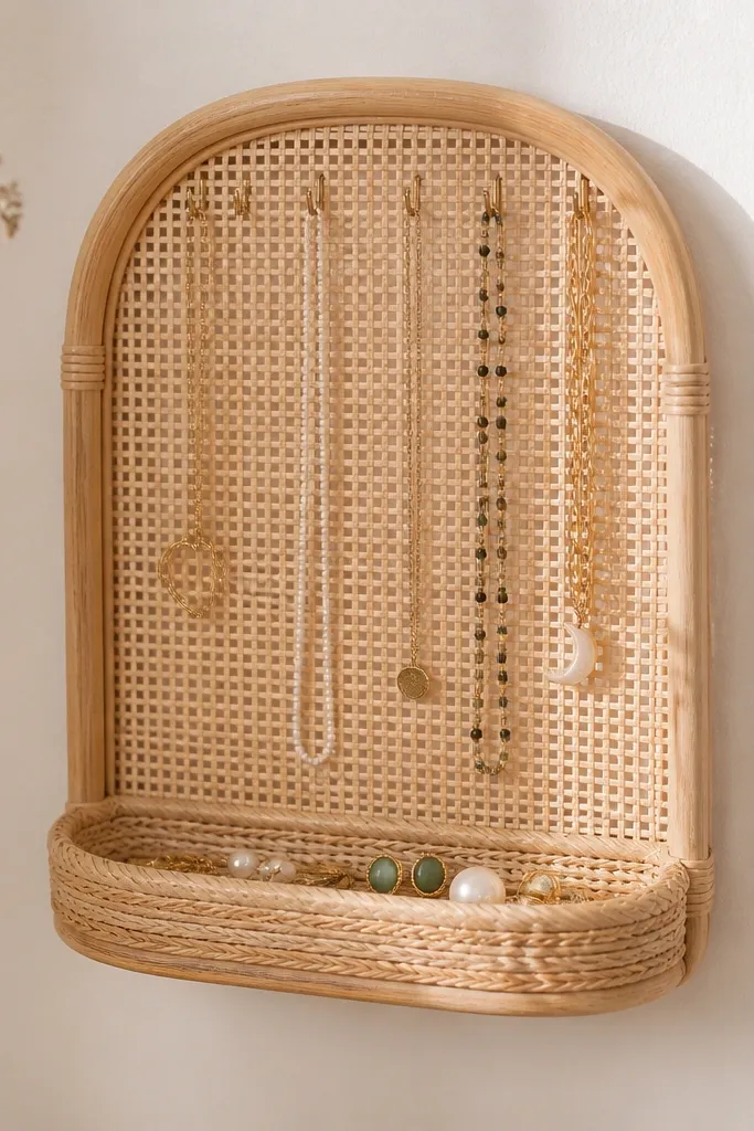 A rattan tray mounted flat on the wall with a cane backing behind it. Mini hooks line the top edge, holding necklaces, and small earrings sit in the tray.