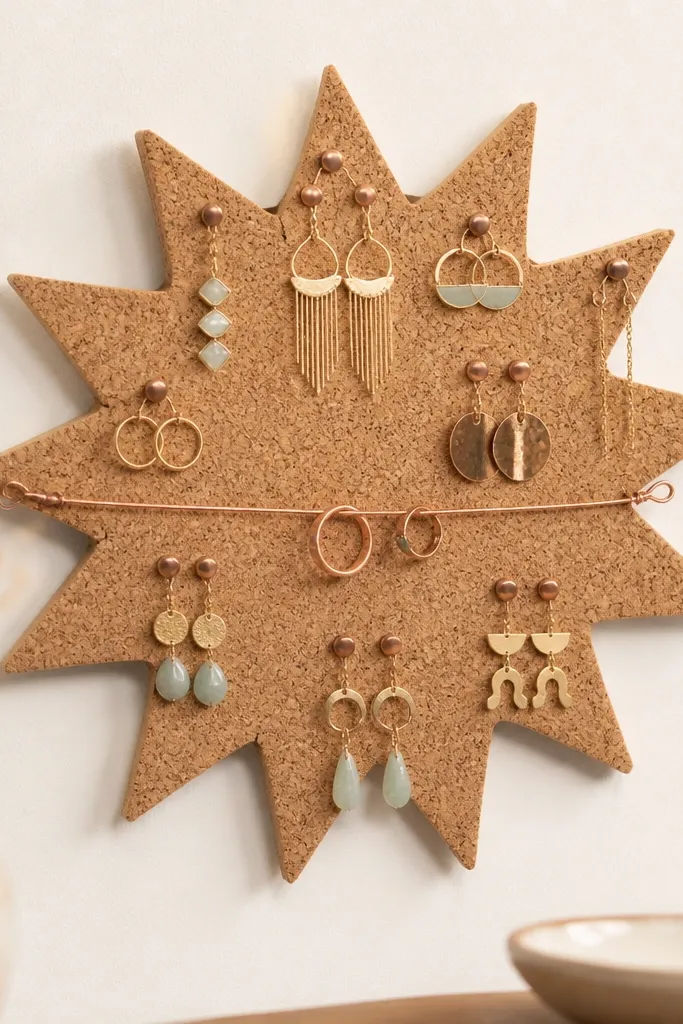 A cork board cut into a sunburst shape with pointed rays. Copper push pins hold earrings at different angles. A copper wire line runs across the center with a couple of rings clipped to it.